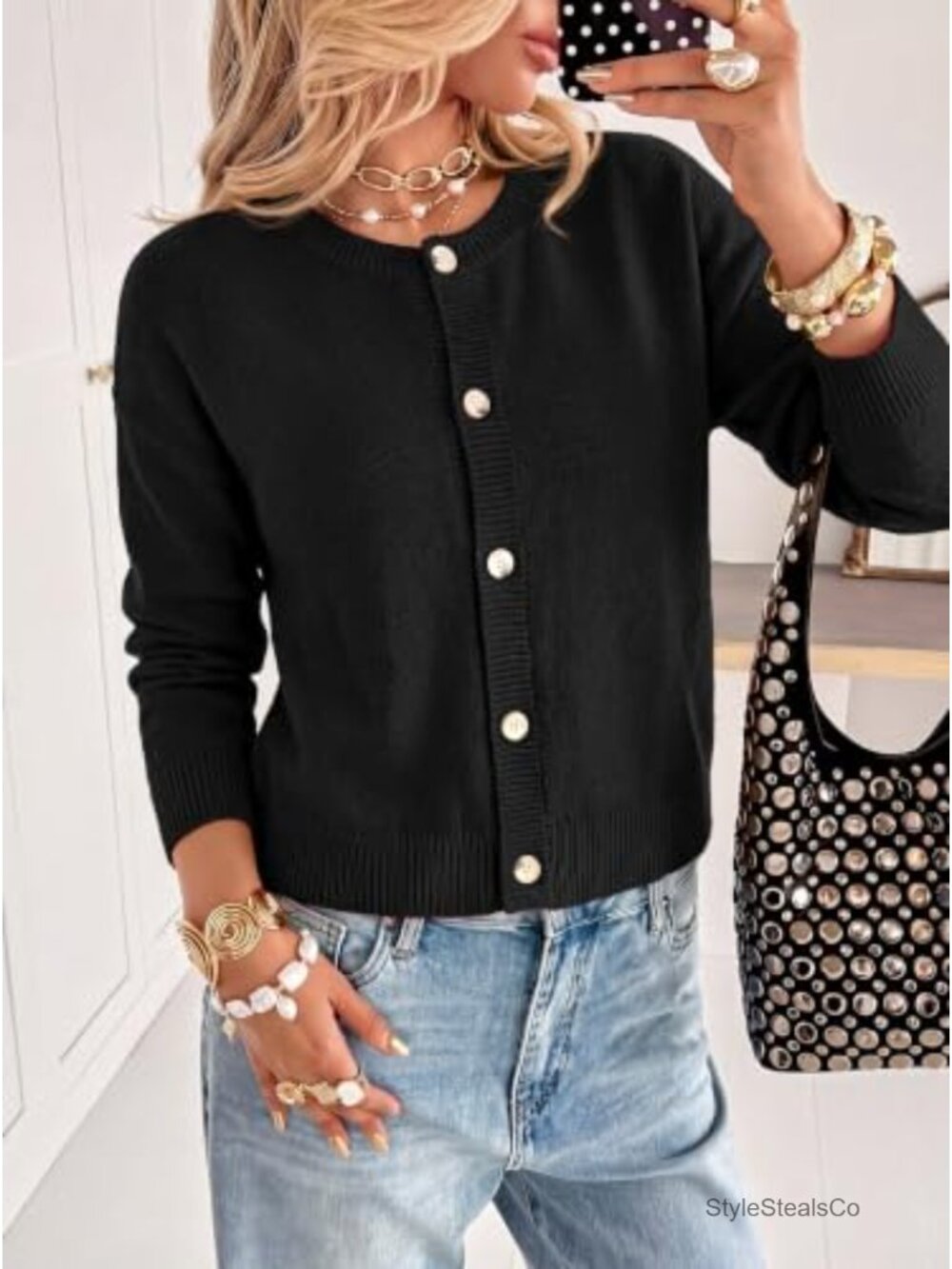 Women's Cropped Button Down Long Sleeve Cardigan Soft Acrylic Knit Fall - Picture 4 of 6